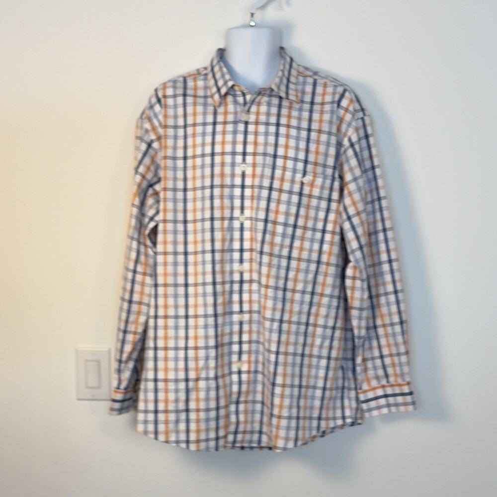 Orvis Men’s XL White Blue Orange Plaid Cotton Wrinkle Resistant Button-Up Shirt